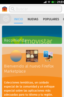 Pantalla principal del Marketplace de Firefox OS